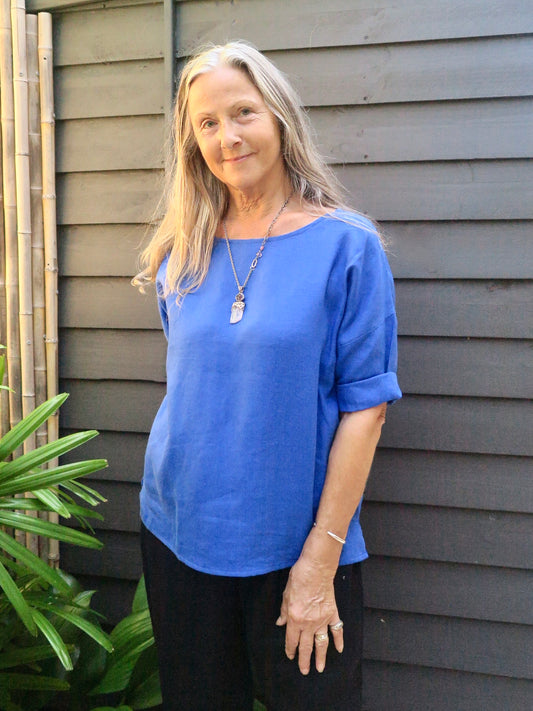 Havana Linen Sleeved Top Cobalt