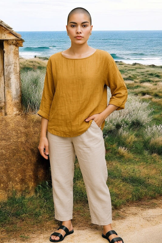 Havana Linen Sleeved Top Vintage Yellow