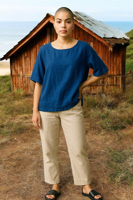 Havana Linen Sleeved Top Cobalt